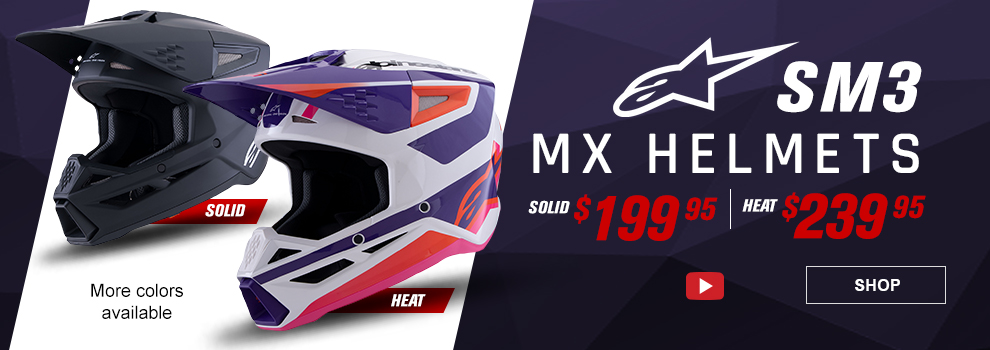 Alpinestars SM3 MX Helmets, Solid $199 and 95 cents, Heat $239 and 95 cents, a black solid helmet along with the pink/purple heat helmet, more colors available, video, link, shop