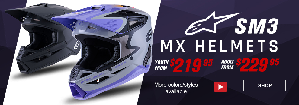Alpinestars SM3 MX Helmets, youth from $219 and 95 cents, adult from $229 and 95 cents, more colors and styles available, video, link, shop