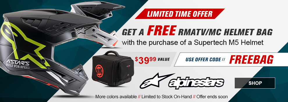 Alpinestars Limited Time Offer, Get a free RMATV/MC Helmet Bag with the purchase of a Supertech M5 Helmet, Use offer code FREEBAG, Offer ends soon, a Supertech M5 Helmet, More colors available, the Rocky Mountain ATV/MC Helmet Bag, $39 and 99 cent value, link, shop