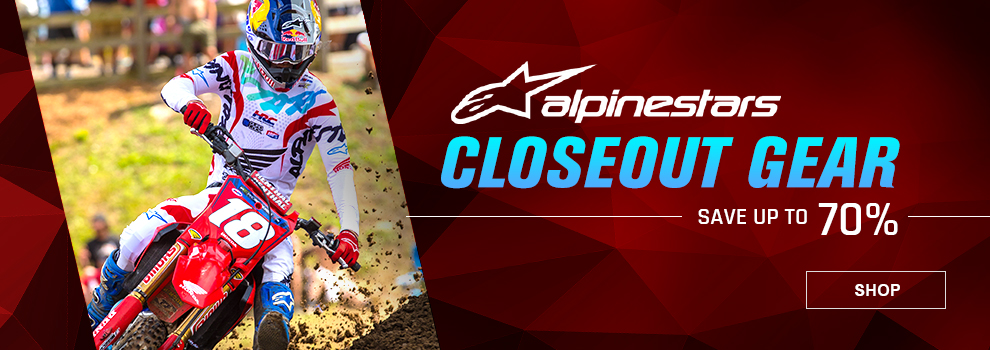 Alpinestars Closeout Gear, Save up to 70 percent, Jett Lawrence riding his Honda CRF450R and wearing the White/Multi Racer Hana gear, link, shop