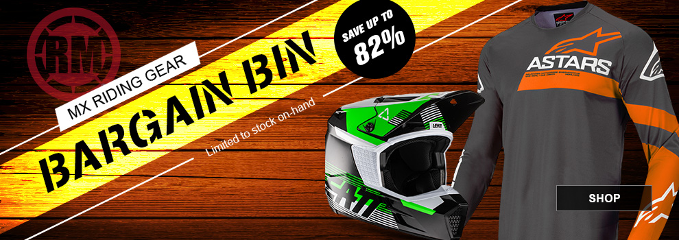 RM, MX Riding Gear Bargain Bin, Save up to 82 percent, Limited to stock on hand, a black and green Leatt MX Helmet along with a grey and orange Alpinestars jersey, link, shop
