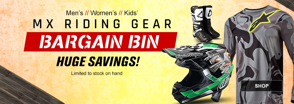 Mens, Womens, Kids, MX Riding Gear Bargain Bin, Huge Savings,  limited to stock on hand, an Alpinestars jersey, a Troy Lee Designs Helmet, and a pair of Leatt Boots, link, shop