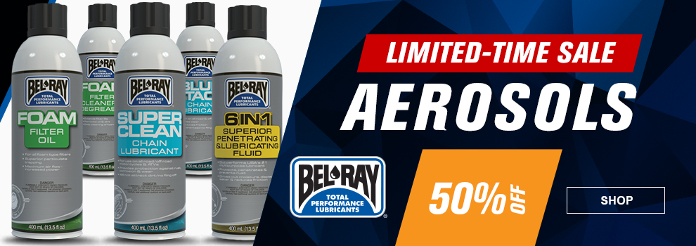 Limited-Time Sale, Bel-Ray Aerosols, 50 percent off, a can of foam filter oil, foam filter cleaner and degreaser, super clean chain lubricant, blue tac chain lubricant, and 6 in 1 superior penetrating and lubricating fluid, link, shop