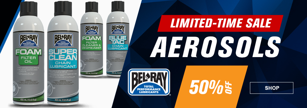 Limited-Time Sale, Bel-Ray Aerosols, 50 percent off, a can of foam filter oil, foam filter cleaner and degreaser, super clean chain lubricant, and blue tac chain lubricant, link, shop
