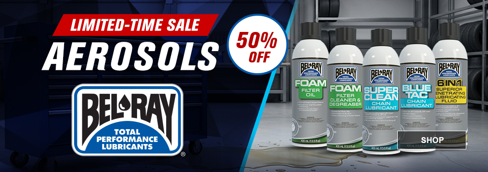 Bel-Ray Limited-Time Sale, Aerosols 50% off, a group of Bel-Ray aerosol cans on a shop floor, link, shop