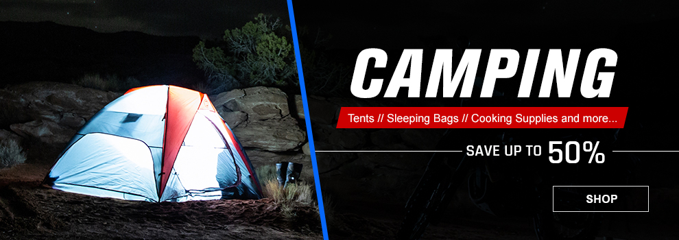 Camping, Tents, Sleeping Bags, Cooking Supplies and more, Save up to 50 percent, a tent illuminated at night, link, shop