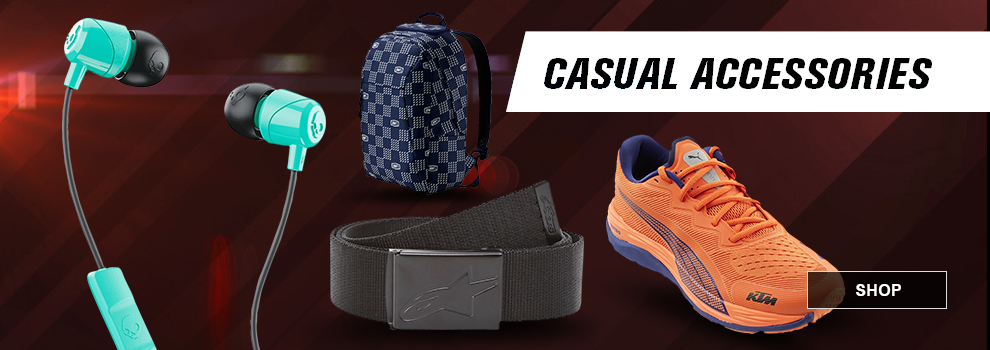 Casual Accessories, a pair of ear buds, a belt, a shoe, and a backpack, link, shop