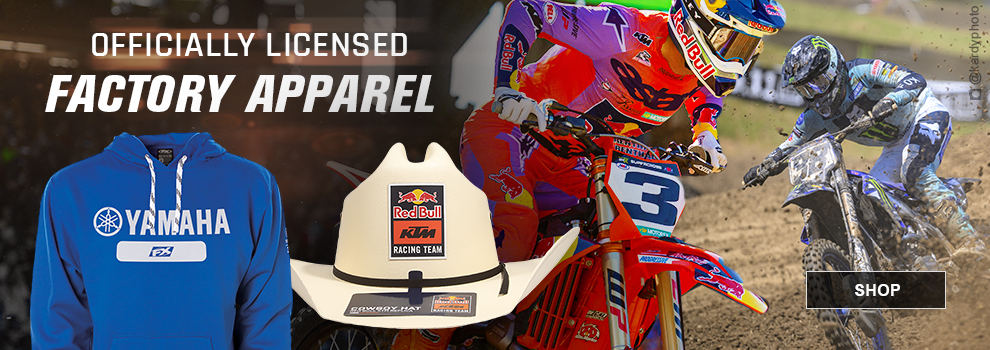 Officially Licensed Factory Apparel, a Yamaha Hoodie, and a KTM cowboy hat, link, shop