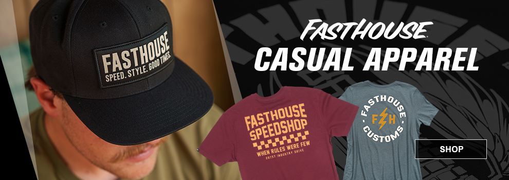 FastHouse Casual Apparel, a man wearing the black Blockhouse hat along with a mens Chalet and a womens Easy Rider t-shirt, link, shop