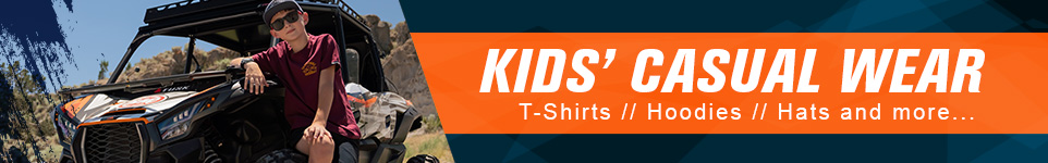 Kids Casual Wear, T-Shirts, Hoodies, Hats and more, a boy leaning against a Kawasaki KRX 4 1000.