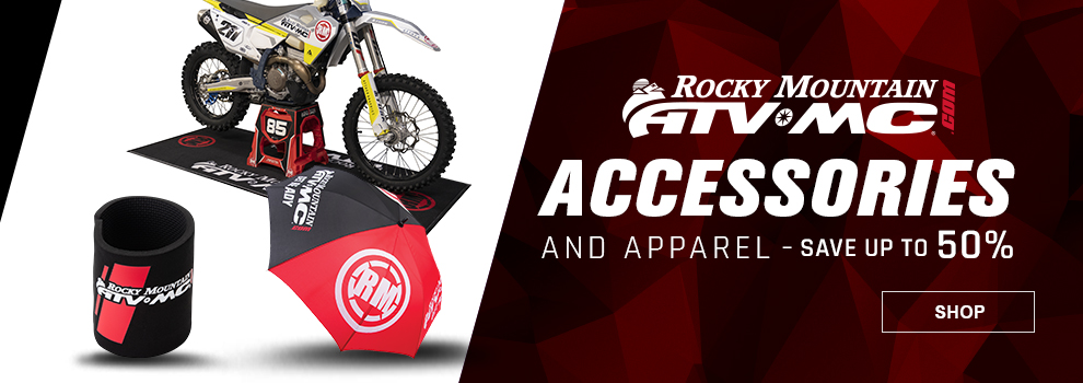 Rocky Mountain ATV/MC Accessories and Apparel, Save up to 50 percent, a slap koozie, umbrella, and bike mat with a Husqvarna dirt bike on top of it on a stand, link, shop