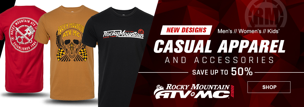 Rocky Mountain ATV/MC, Casual Apparel, New Designs, Mens, Womens, Kids, Save up to 50 percent, a collage of t-shirts, link, shop