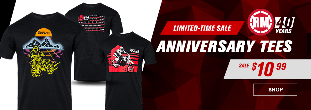 Limited-Time Sale, RM 40 Years Anniversary Tees, Sale, $10 and 99 cents, the ATV retro tee, Flag tee, and MC retro tee, link, shop
