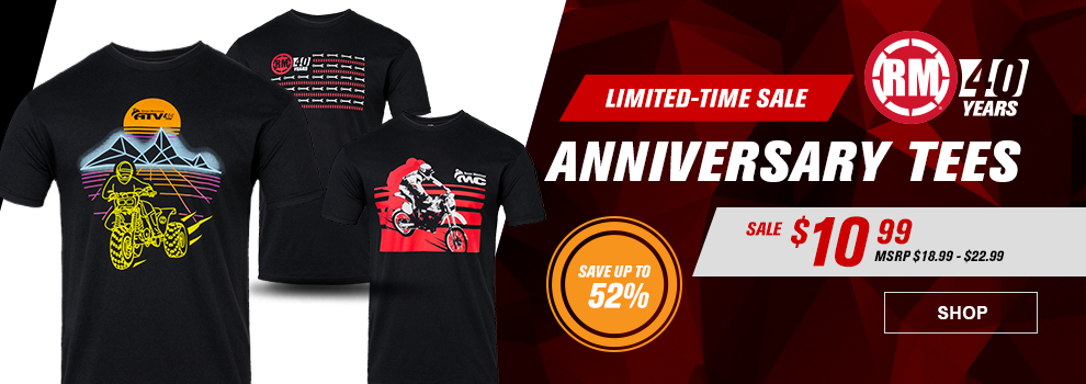Limited-Time Sale, RM 40 Years Anniversary Tees, Sale, $10 and 99 cents, MSRP $18 and 99 cents to $22 and 99 cents, Save up to 52 percent, the  ATV retro tee, Flag tee, and MC retro tee, link, shop
