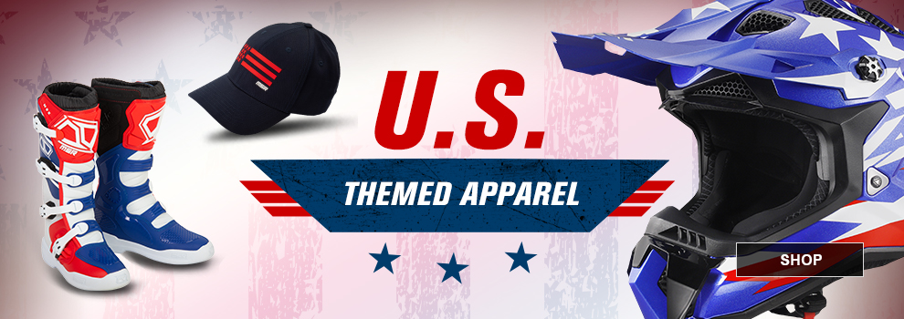 US Themed Apparel, a Red/White/and Blue LS2 MX Helmet, a pair of Red/White/and Blue MSR MX Boots, and an MSR hat with a flag on it, link, shop