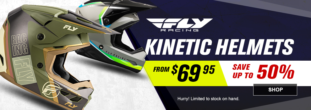 Fly Racing, Kinetic Helmets, From $69 and 95 cents, Save up to 50 percent, Hurry! Limited to stock on hand, a collage of helmets, link, shop