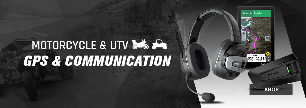 Motorcycle and UTV GPS and Communication, a UTV headset, a Garmin GPS device, and a motorcycle communication device, link, shop