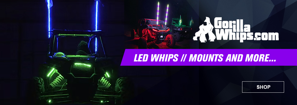 Gorilla Whips dot com, LED Whips, Mounts and more, a few machines at night showing the LED whips and rock lights, link, shop