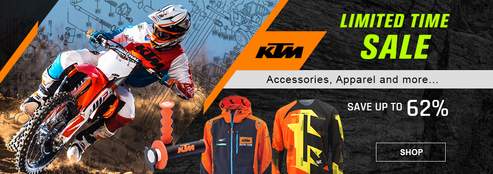 KTM Limited time sale, accessories, apparel and more... save up to 62 percent, SHOP button