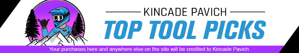 Kincade Pavich Top Tool Picks, an illustration of a rider standing over a mountain top, your purchases here and anywhere else on the site will be credited to Kincade Pavich
