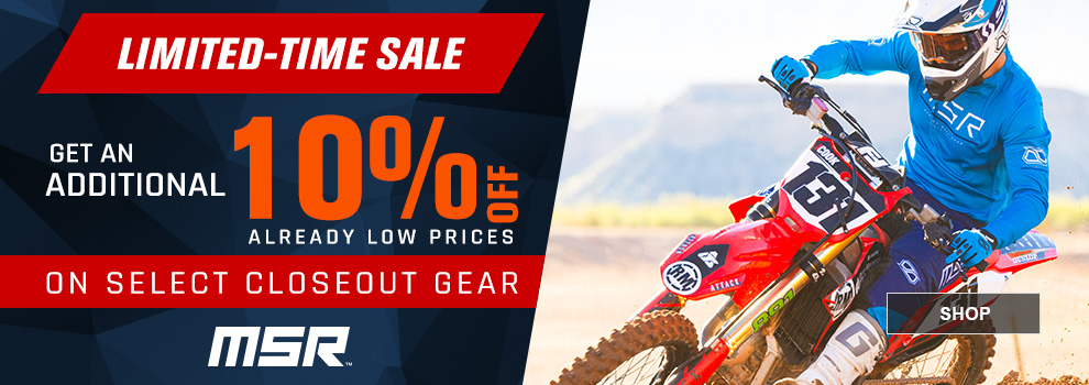 MSR, Limited-Time Sale, Get an additional 10 percent off already low prices on select closeout gear, a man riding a dirt bike in some blue MSR riding gear