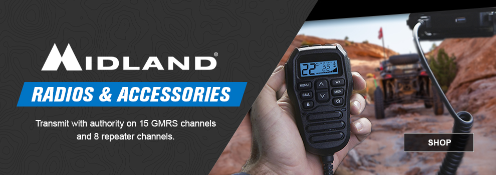 Midland Radios and Accessories, Transmit with authority on 15 GMRS channels and 8 repeater channels, a closeup shot of a Midland radio mic being held in someones hand with some UTVs on the trail in front of them, link, shop