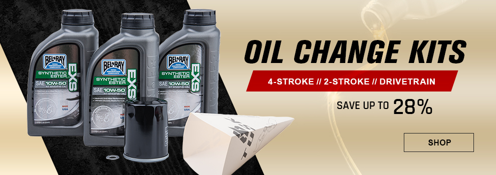 Oil Change Kits, 4-Stroke, 2-Stroke, Drivetrain, Save up to 28 percent, some Bel-Ray oil along with an oil filter, crush washer, and a paper funnel, link, shop