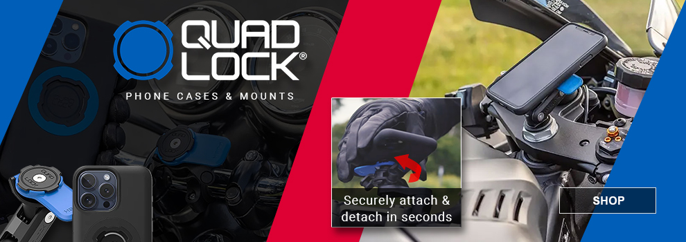 Quad Lock Phone Cases and mount, Securely attach and detach in seconds, the MAG Phone Case attached to the Motorcycle Fork Stem Phone Mount on a motorcycle,  link, shop