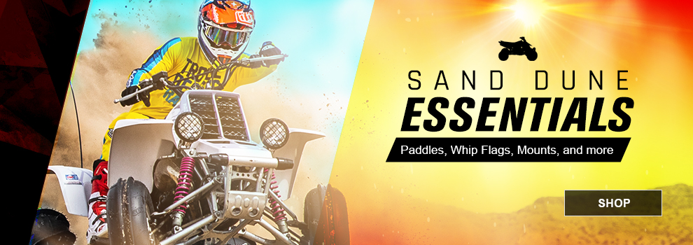 Sand Dune Essentials, Paddles, Whip Flags, Mounts, and more, a white Yamaha Banshee ripping through the dunes, link, shop