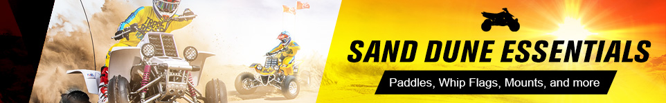 Sand Dunes Essentials - Paddles, Whip Flags, Mounts, and more, someone riding the dunes on a Yamaha Banshee, an orange and yellow background with the sun beating down