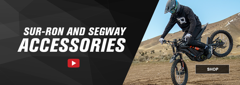 Sur-Ron and Segway Accessories,  a man doing a stoppie on a Sur-Ron e-motorcycle, videos, link, shop