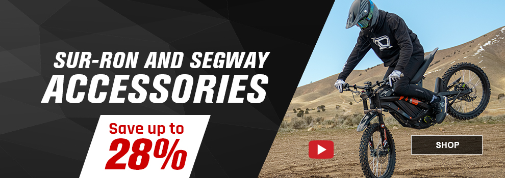 Sur-Ron and Segway Accessories, Save up to 28 percent, someone doing a stoppy on a Sur-Ron, Video, link, shop