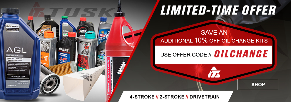 Tusk, Limited Time Offer, Save an additional 10 percent off oil change kits, Use offer code OILCHANGE, 4-Stroke, 2-Stroke, Drivetrain, a collage of oil and filters, link, shop