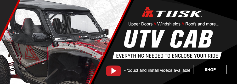 Tusk, UTV Cab, Everything needed to enclose your ride, Upper doors, Windshields, Roofs and more, Product and install videoa available, a Honda Talon with Tusk upper doors, lower door inserts, a rear panel and front windshield, link, shop