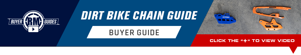 RM buyers guide logo. Dirt bike chain guide, buyers guide. Click the plus symbol below to view video. Three different types of chain guides displayed on a concrete floor.