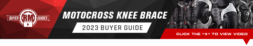 RM Buyer Guide, Motocross Knee Brace 2023 Buyer Guide, Click the plus symbol to view video, three pairs of knee braces in a row