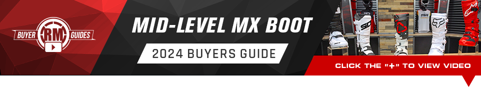 RM Buyer Guides, Mid-Level MX Boot 2024 Buyers Guide, a screenshot from the video with all of the boots, click the plus symbol to view video
