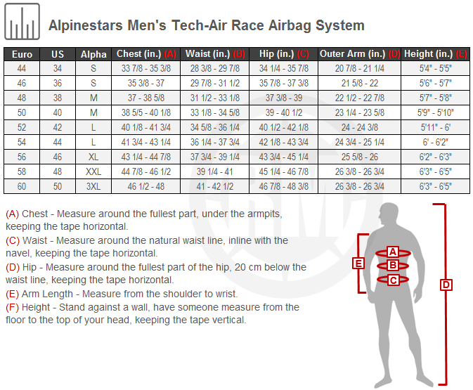 Alpinestars Tech-Air Race Airbag Vest Size Chart