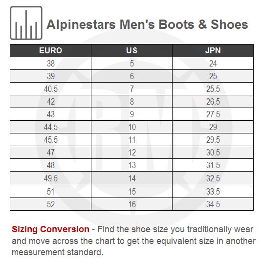 Alpinestars Air Plus V2 Gore-Tex XCR Boots Size Chart