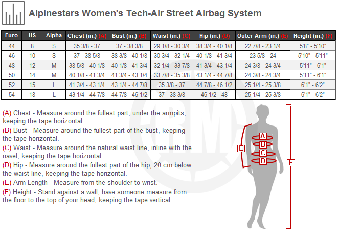 Alpinestars Tech-Air Street Airbag Vest Size Chart