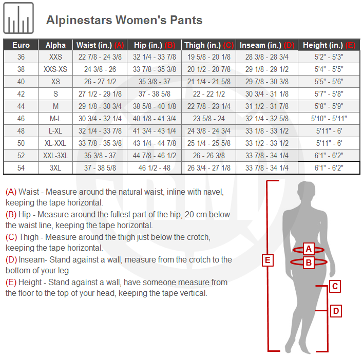 Alpinestars Women's Stella Raider Drystar Pants Size Chart
