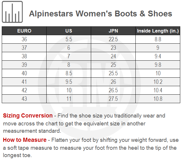 Alpinestars Women's Boots & Shoes Size Chart