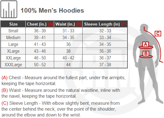Size Chart For Mens 100 Percent Hoodies