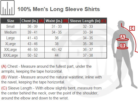 Size Chart For Mens 100 Percent Long Sleeve Shirts