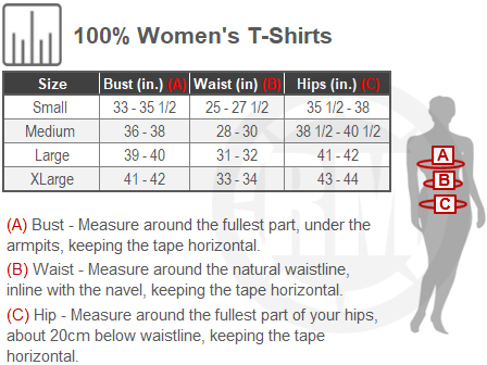 Size Chart For Womens 100 Percent Shirts