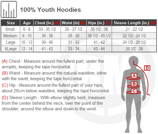 Size Chart For Youth 100 Percent Hoodies