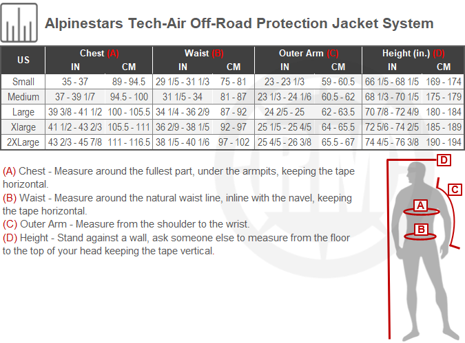 Size Chart For Alpinestars Tech-Air-Off-Road Protection Jacket System