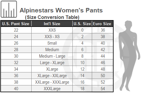Size Chart For Womens Alpinestars Stella Fluid Chaser Pants