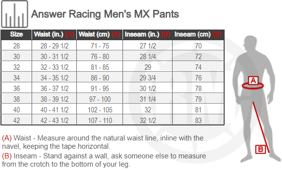 Size Chart For Mens Answer Racing Arkon Trials Pants