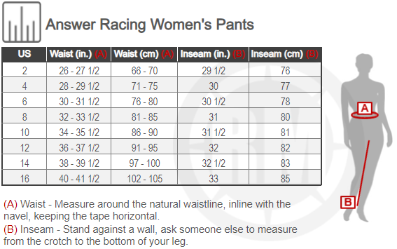 Size Chart For Womens Answer Racing Arkon Trials Pants